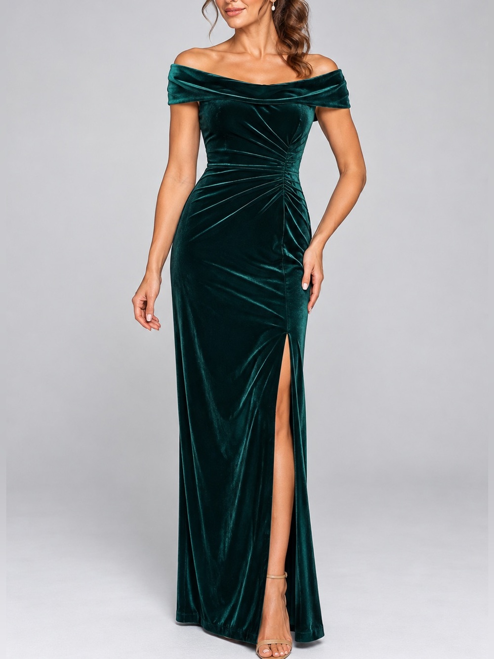🆕🌲Alex Evenings Size 12 Forest Green Velvet Ruched Maxi Evening Gown Dress Party